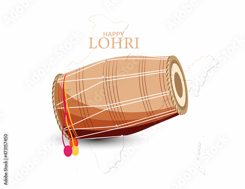 Vector Illustration for Happy Lohri. Indian traditional drum or dholak or dhol. Happy Lohri Festival Sticker. photo