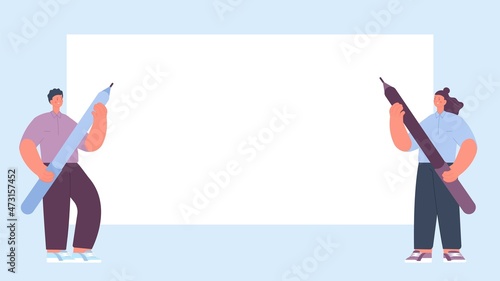Blank banner. People with giant pens or pencils. Ad panel, empty business strategy list. Managers at white board, man woman ready to planning vector concept