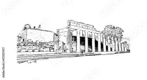 Building view with landmark of Lindos is the 
village in Greece. Hand drawn sketch illustration in vector.
