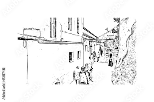 Building view with landmark of Lindos is the village in Greece. Hand drawn sketch illustration in vector.