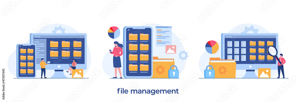 File management administration, data filing concept, folder, gallery, flat illustration vector template