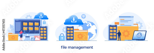 Cloud storage & file management, data filing concept, folder, gallery, flat illustration vector template