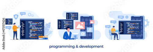 Web development. programming languages. css, html, it, ui. programmer cartoon character developing website, coding. flat illustration banner