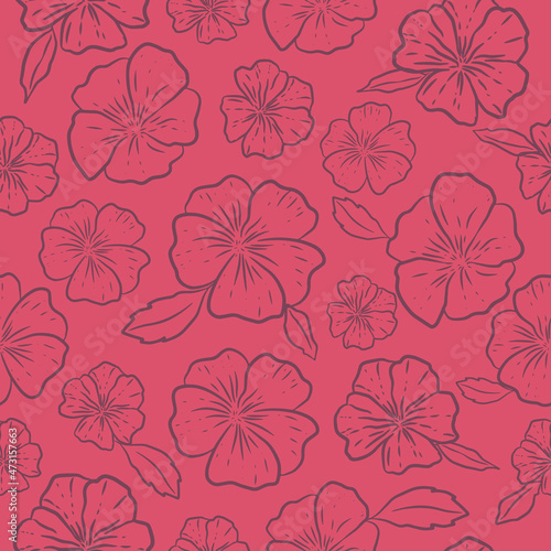 simple vector seamless pattern with flowers  line texture on red background. abstract floral wallpaper  bright tile ornament.