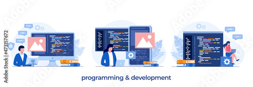 Web development. programming languages. css, html, it, ui. programmer cartoon character developing website, coding. flat illustration banner