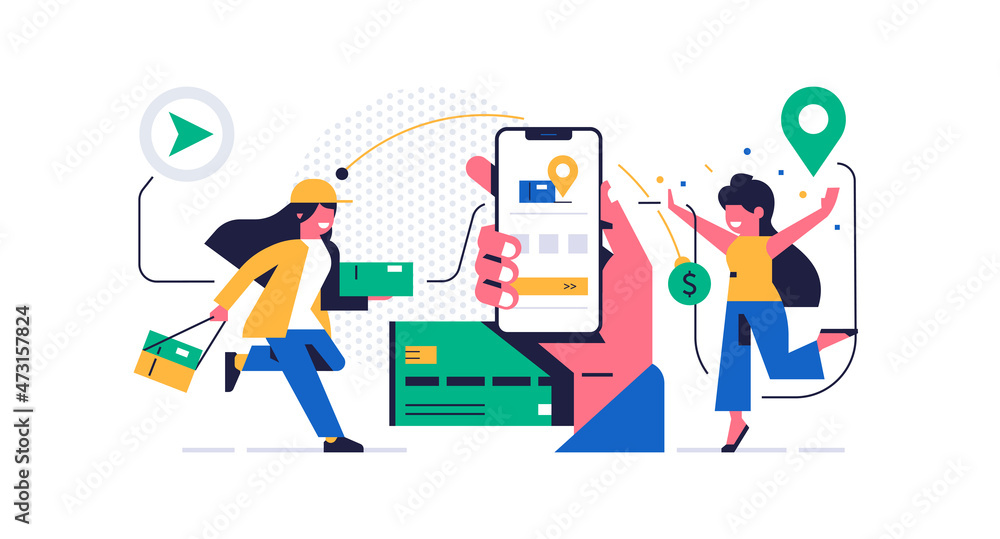 Online parcel delivery service concept. Mobile app concept. Hand holding phone with parcel delivery application on display. Woman courier runs with an order for a happy woman. Flat vector illustration