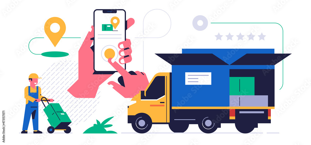 Online parcel delivery service concept. Mobile app concept. Hand holding phone with parcel delivery application on display. A courier carries a cart with boxes of orders to the truck.Flat illustration Online parcel delivery service concept. Mobile app concept. Hand holding phone with parcel delivery application on display. A courier carries a cart with boxes of orders to the truck.Flat illustration