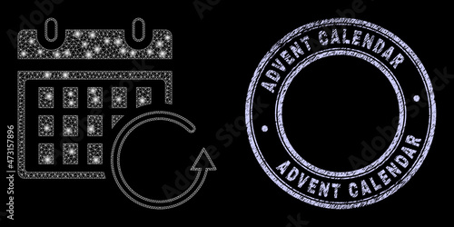 Majestic mesh net calendar rollback icon with glitter effect on a black background with round Advent Calendar scratched seal print. Vector carcass based on calendar rollback icon,