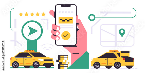 Taxi ordering service mobile application concept. A hand holding a phone with booking a taxi on the display. Urban cab service. City map, yellow car, money, line, five star. Flat vector illustration