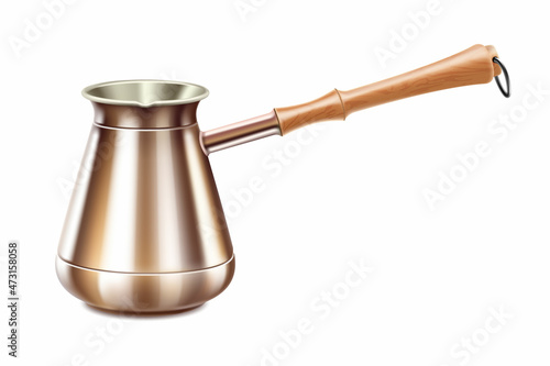 Turkish Coffee pot with a wooden handle, Equipment for cooking aromatic beverage. Copper cezve. Isolated on white background. Realistic 3d Vector illustration. photo