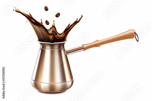 Turkish Coffee pot with a coffee splash. Equipment for cooking aromatic beverage. Copper cezve with a wooden handle. Isolated on white background. Realistic 3d Vector illustration. photo