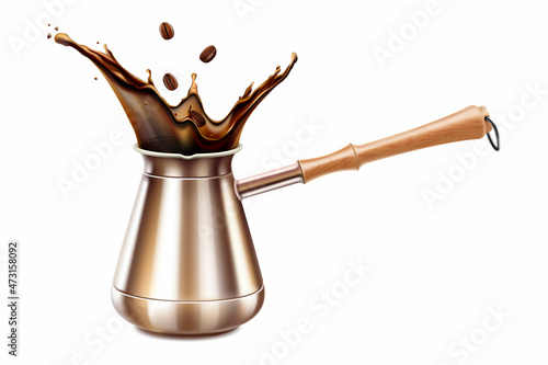 Turkish Coffee pot with a coffee splash. Equipment for cooking aromatic beverage. Copper cezve with a wooden handle. Isolated on white background. Realistic 3d Vector illustration.