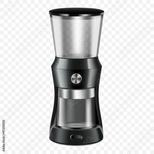 Professional Coffee Grinder, realistic 3d vector illustration, isolated on transparent background. Automatic coffee bean grinding machine. equipment for the barista or coffee maker.