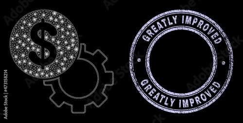 Constellation polygonal mesh net dollar setup gear icon with glitter effect on a black background, and round Greatly Improved rubber watermark. Vector carcass is based on dollar setup gear pictogram,