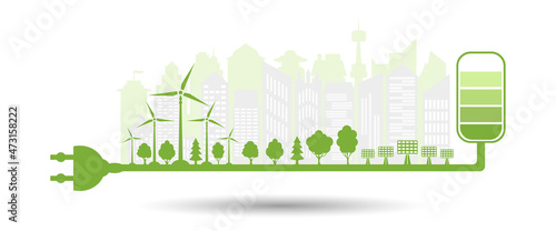 Ecological city and environment conservation. Eco friendly charging symbol with plug electric. Silhouette green city with renewable energy sources.