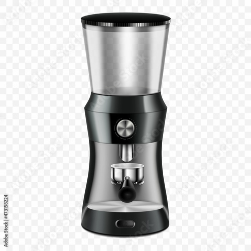 Professional Coffee Grinder, realistic 3d vector illustration, isolated on transparent background. Automatic coffee bean grinding machine. equipment for the barista or coffee maker.