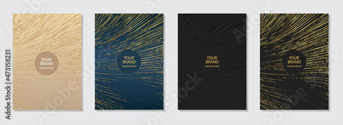 Cover design set. Geometric festive luxury background with 3d pattern, golden grunge texture with sparkles and lines. Collection of premium vertical templates for menu, brochure, flyer layout.