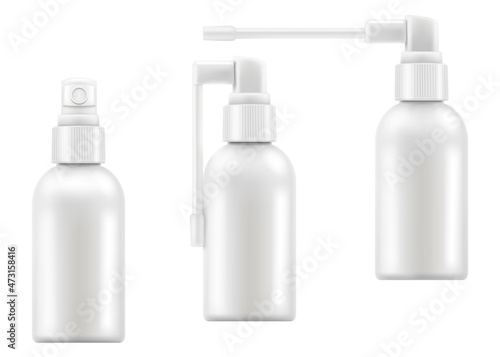 Matte plastic bottle with long and short nozzle sprayer for oral spray. 60 ml. Realistic 3d vector illustration, packaging mockup template, isolated on white background