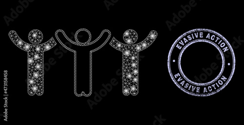 Glitter polygonal web dancing people icon with glare effect on a black background with round Evasive Action dirty watermark. Vector frame is based on dancing people icon, white colored mesh used.