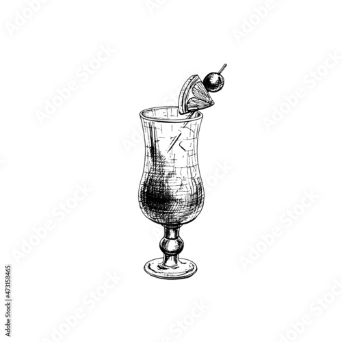 Sex on the beach cocktail with cherry and lemon. Vintage hatching