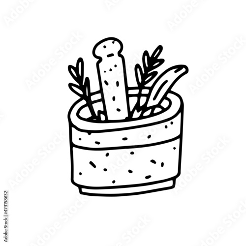 Mortar and pestle with medicine herbals in outline doodle style. Ayurveda logo in handdrawn doodle black and white style. Vector illustration