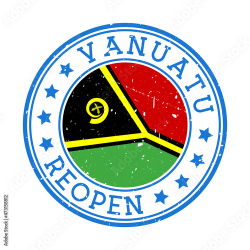 Vanuatu Reopening Stamp. Round badge of country with flag of Vanuatu. Reopening after lock-down sign. Vector illustration.