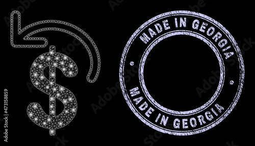 Magic net dollar refund icon with glare effect on a black background with round Made in Georgia corroded stamp seal. Vector carcass is based on dollar refund pictogram, white colored mesh net used.
