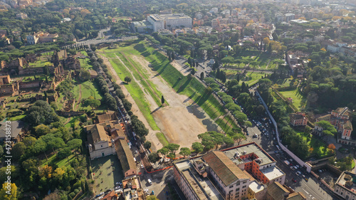 Aerial drone photo of iconic ancient remains of Circus Maximus a stone chariot racing stadium built in historic centre of Rome, Palatino hill, Italy