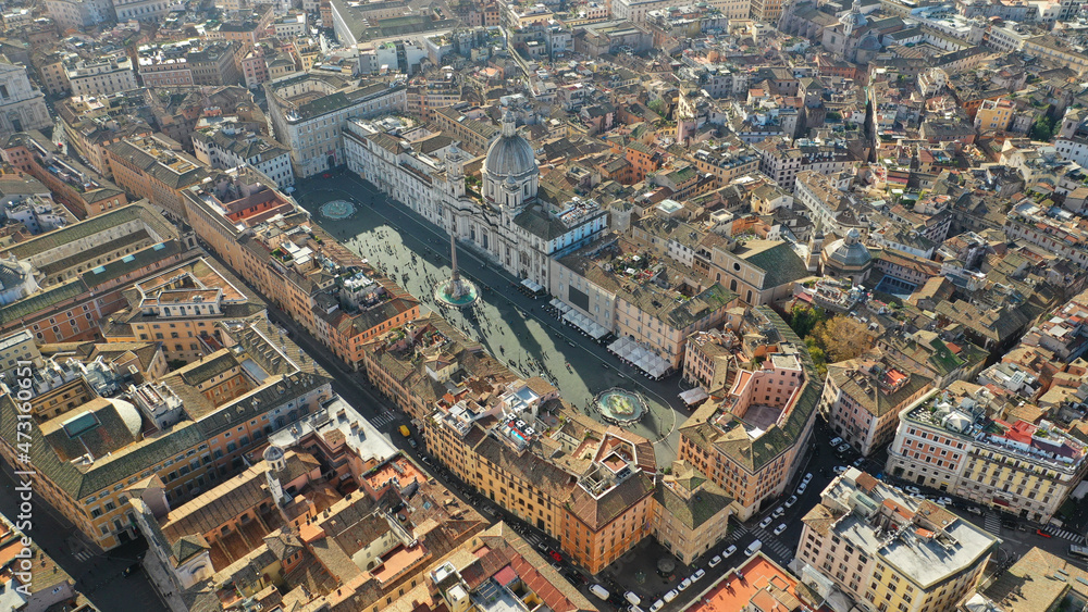 Obraz premium Aerial drone photo of iconic masterpiece elliptic square - Piazza Navona, Rome historic centre, Italy