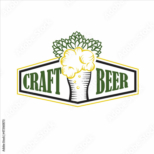 Vector sign craft beer with a pint of beer and hops