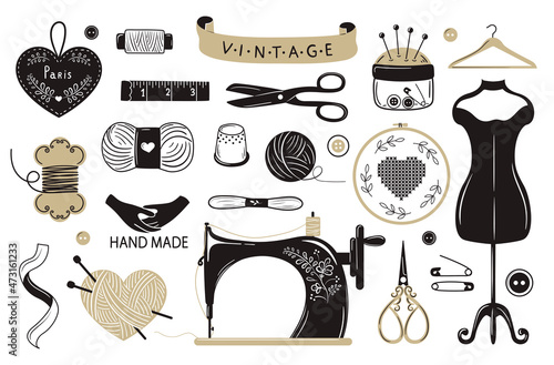 Needlework concept. Various sewing tools. Needles, scissors, yarn, sewing machine, spools, threads, etc. Hand drawn vector set. Cartoon style, flat design. All elements are isolated