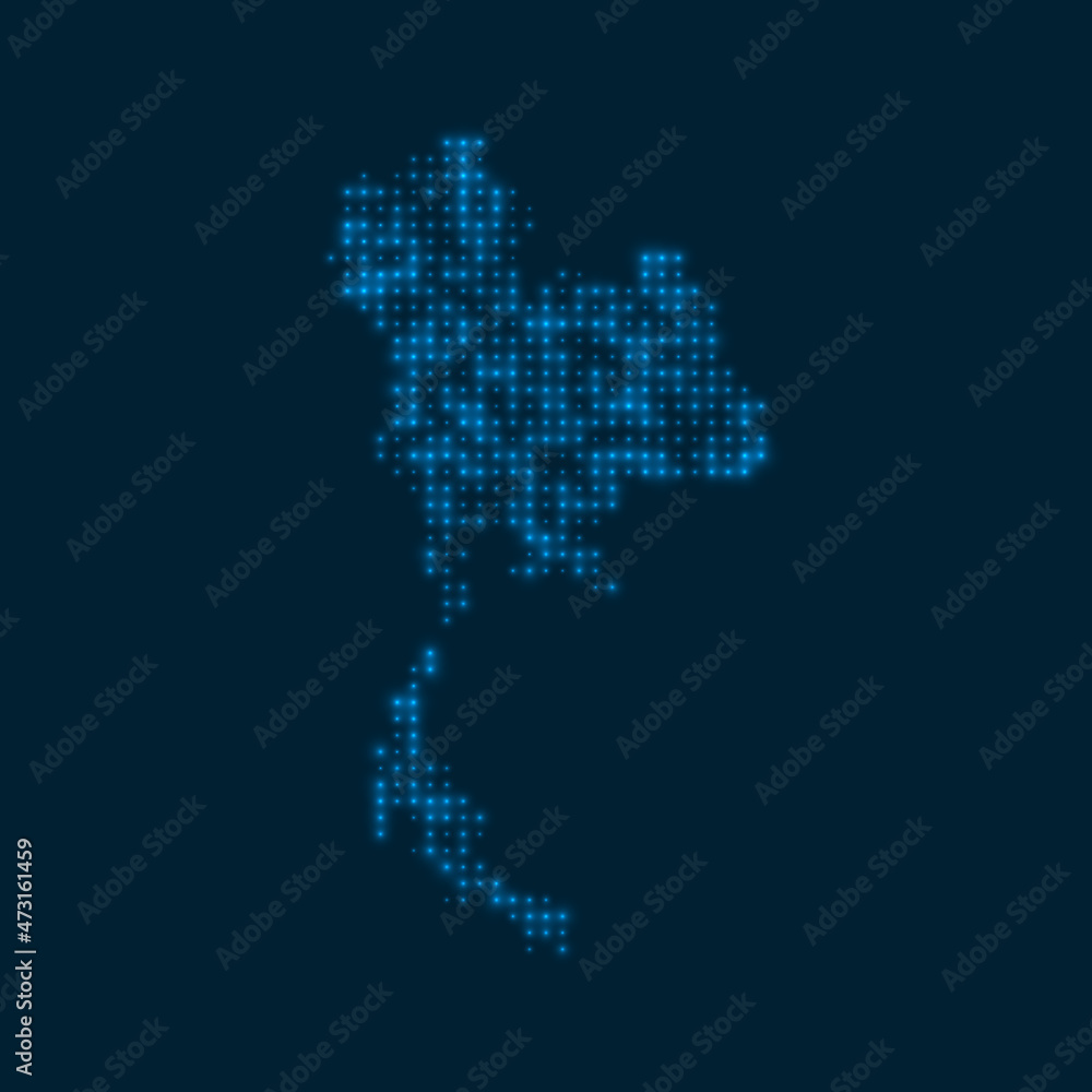 Thailand dotted glowing map. Shape of the country with blue bright bulbs. Vector illustration.