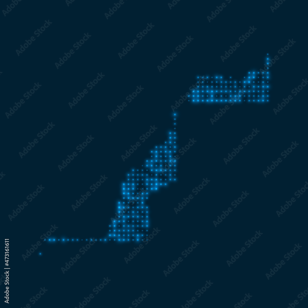 Western Sahara dotted glowing map. Shape of the country with blue bright bulbs. Vector illustration. Western Sahara dotted glowing map. Shape of the country with blue bright bulbs. Vector illustration.