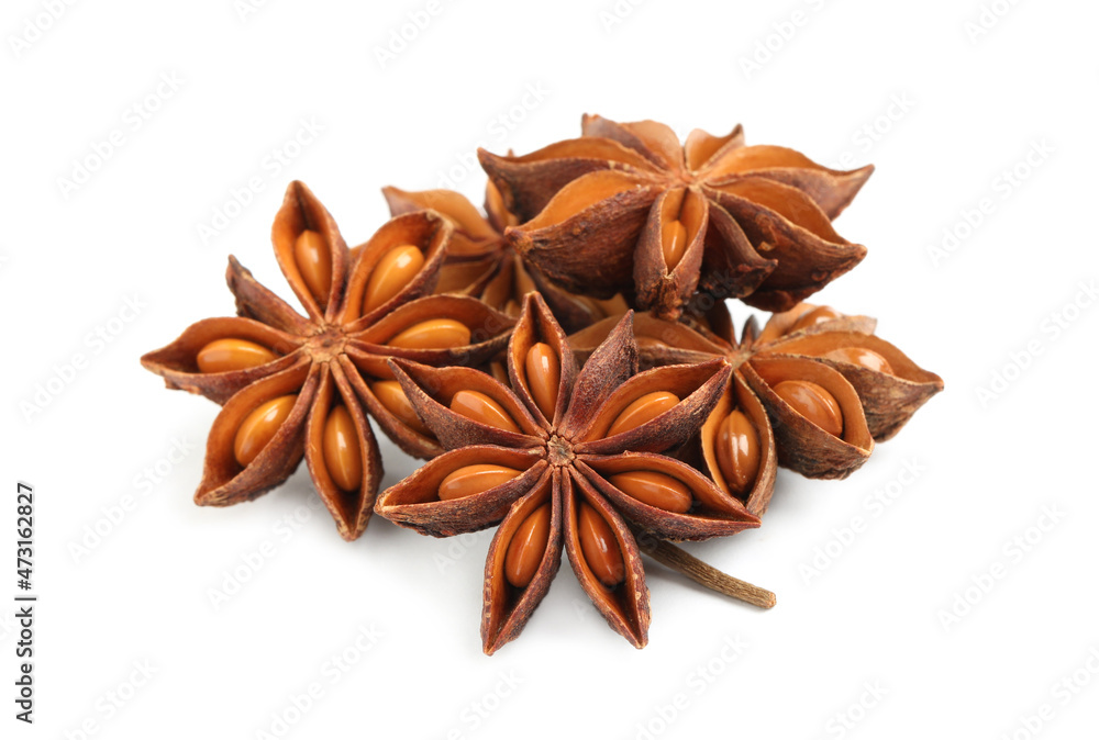 Dry anise stars with seeds on white background Dry anise stars with seeds on white background