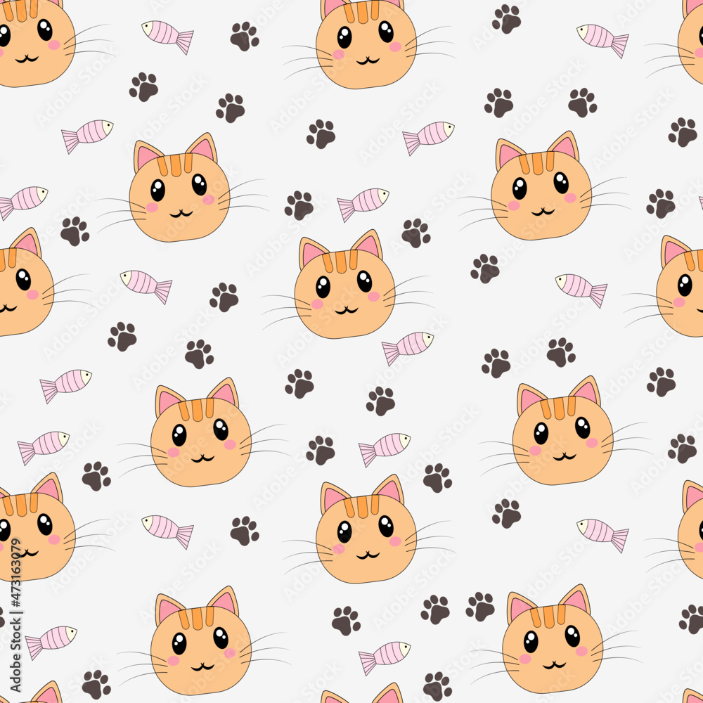 seamless pattern with cats, paws and fish, vector illustration