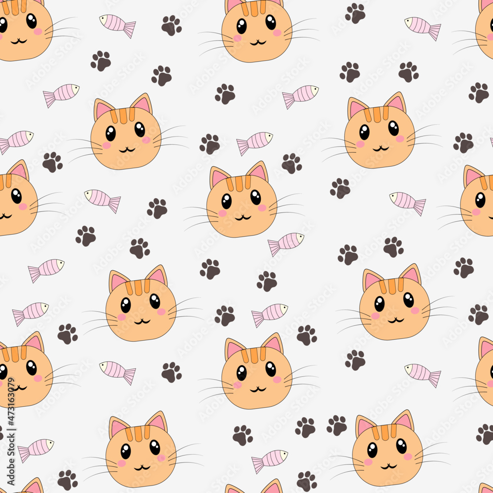Obraz premium seamless pattern with cats, paws and fish, vector illustration
