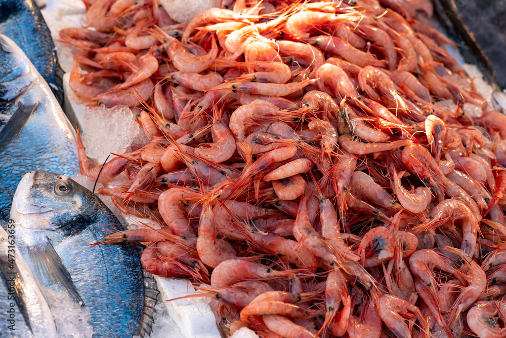 boiled shrimp on the counter at the fish market