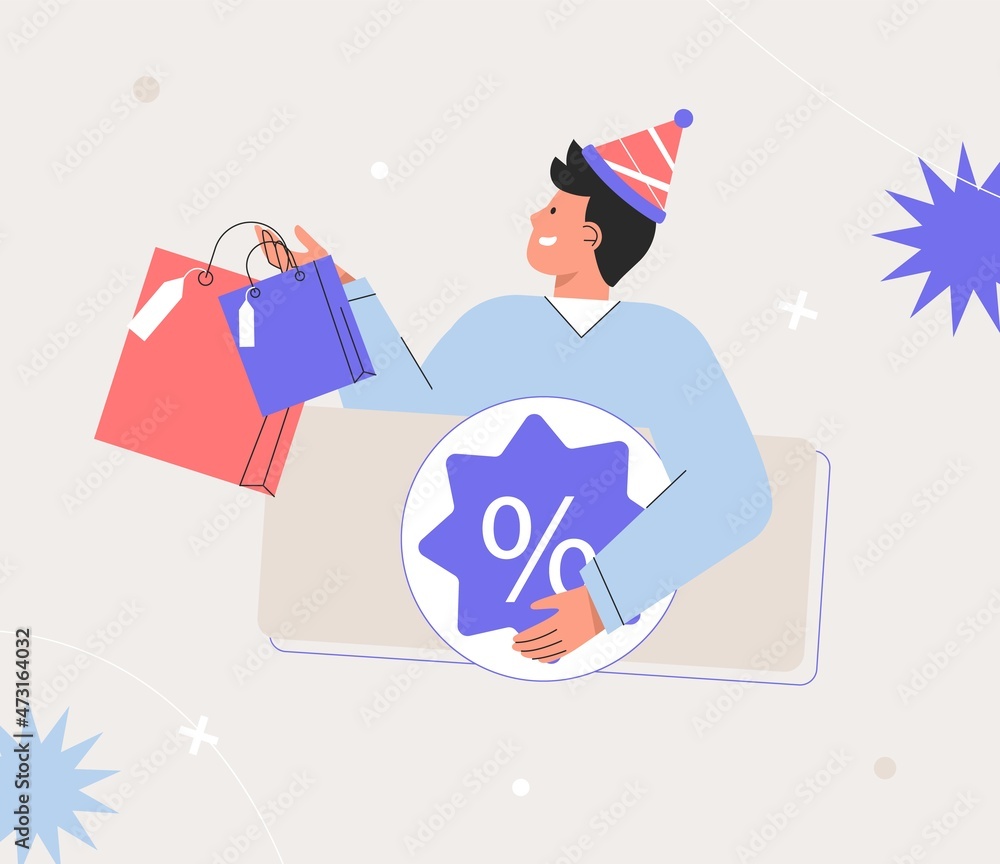 Fototapeta premium Man holding a lot of colorful bags. E-commerce and online shopping. Cashback Offer, Total Sale and Festive Discount Concept. Flat style vector.