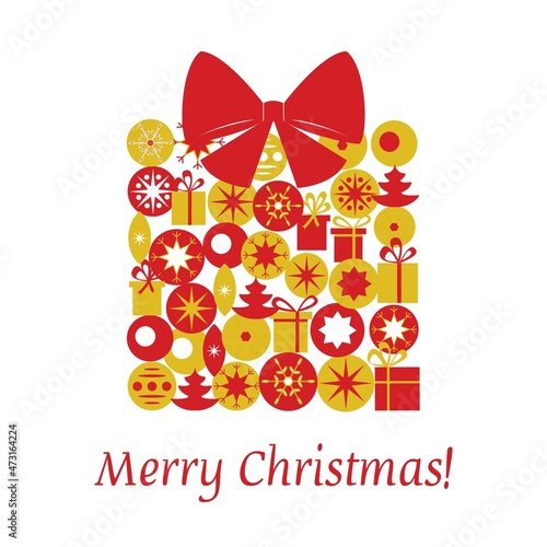 Christmas card template with gift made of Christmas toys. Merry Christmas! Happy New Year!