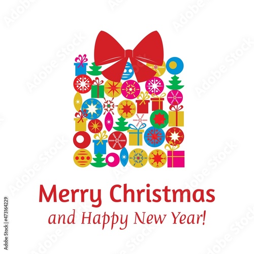 Christmas card template with gift made of Christmas toys. Merry Christmas! Happy New Year!