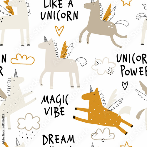 Vector color hand-drawn seamless repeating childish pattern with cute unicorns in Scandinavian style on a white background. Kids texture for fabric, wrapping, textile, wallpaper, apparel. Horse.