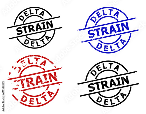 DELTA STRAIN seal stamp versions. DELTA STRAIN text is between parallel lines inside circle frame. Rough DELTA STRAIN seal stamp versions in red, black, blue colors, with unclean surface.