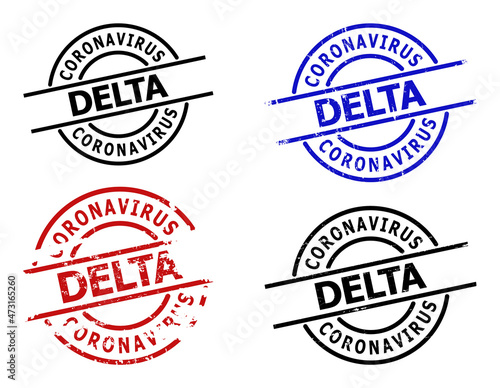 CORONAVIRUS DELTA seal stamp versions. CORONAVIRUS DELTA caption is between parallel lines inside circle frame. Rough CORONAVIRUS DELTA seal versions in red, black, blue colors, with grunge surface.