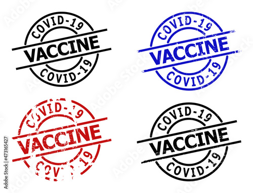 COVID-19 VACCINE stamp versions. COVID-19 VACCINE text is between parallel lines inside circle frame. Rough COVID-19 VACCINE stamp versions in red, black, blue colors, with scratched surface.