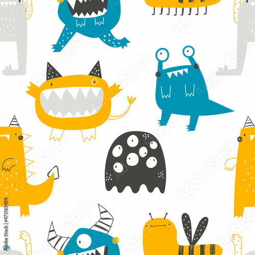 Vector hand-drawn seamless childish pattern with cute funny monsters on a white background. Alien. Kids texture for fabric, wrapping, textile, wallpaper, apparel. Scandinavian design. Illustration.