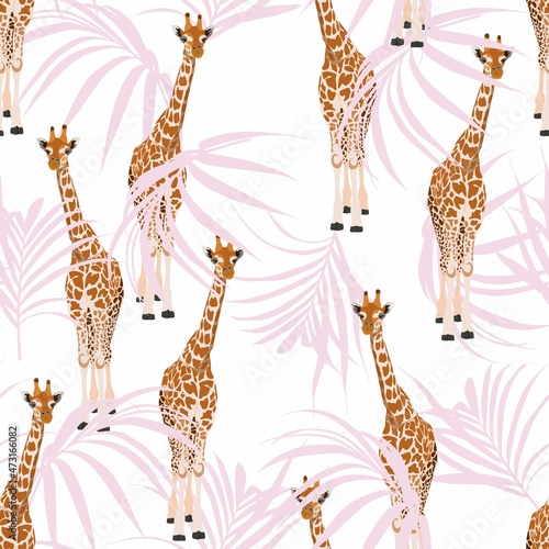Giraffe animal with tropical pink palm leaves. Cartoon exotic seamless illustration repeating pattern on white background. Floral wallpaper.