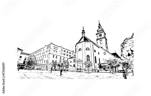 Building view with landmark of Linz is the city in Austria. Hand drawn sketch illustration in vector.