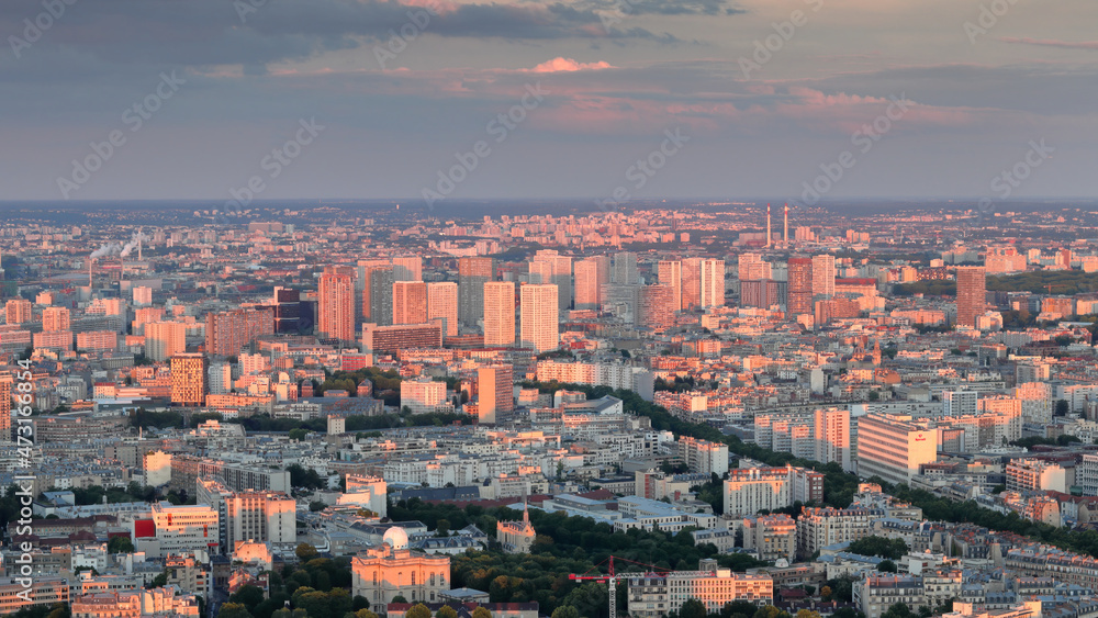 Areal sunset view of South East part of Paris, capital of France 