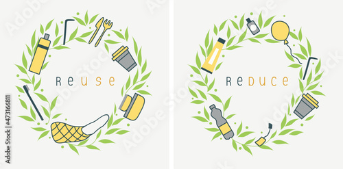ECO FRIENDLY. Reuse. Reduce. Recycle. Reusable things: bag, cup, lunch box, toothbrush, tubule, etc. Environment protection, sustainability concept. Vector illustration. 