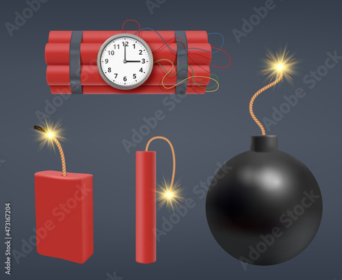Dynamite. Bombs explosion 3d realistic red stick dynamite gunpowder firecracker decent vector templates